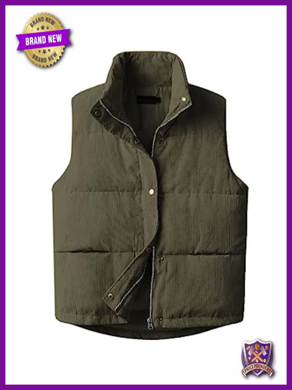 Corduroy Puffer Vest Sleeveless Zip Up Snap Stand Collar Loose Fit